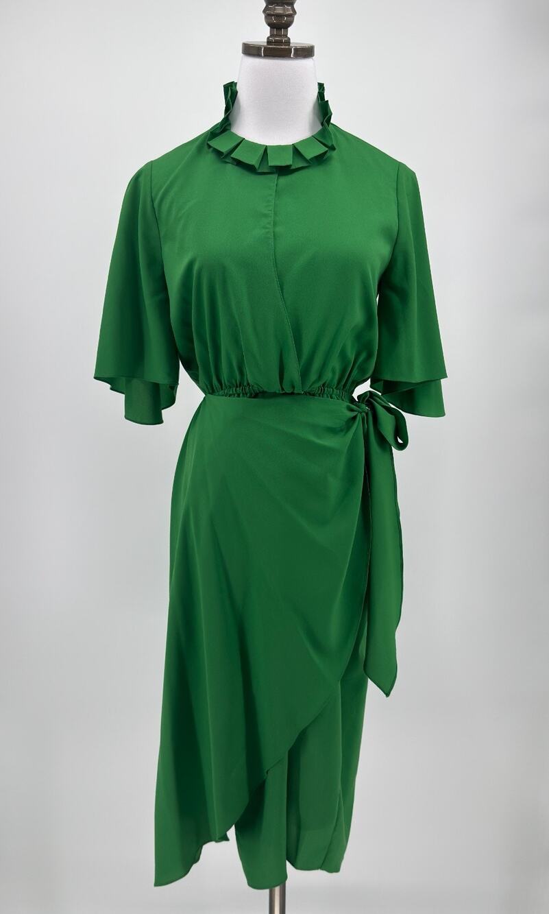 Sandro Rebella Vibrant Green Ruffle Pleated Mock Neck Wrap Midi Dress Sz 36